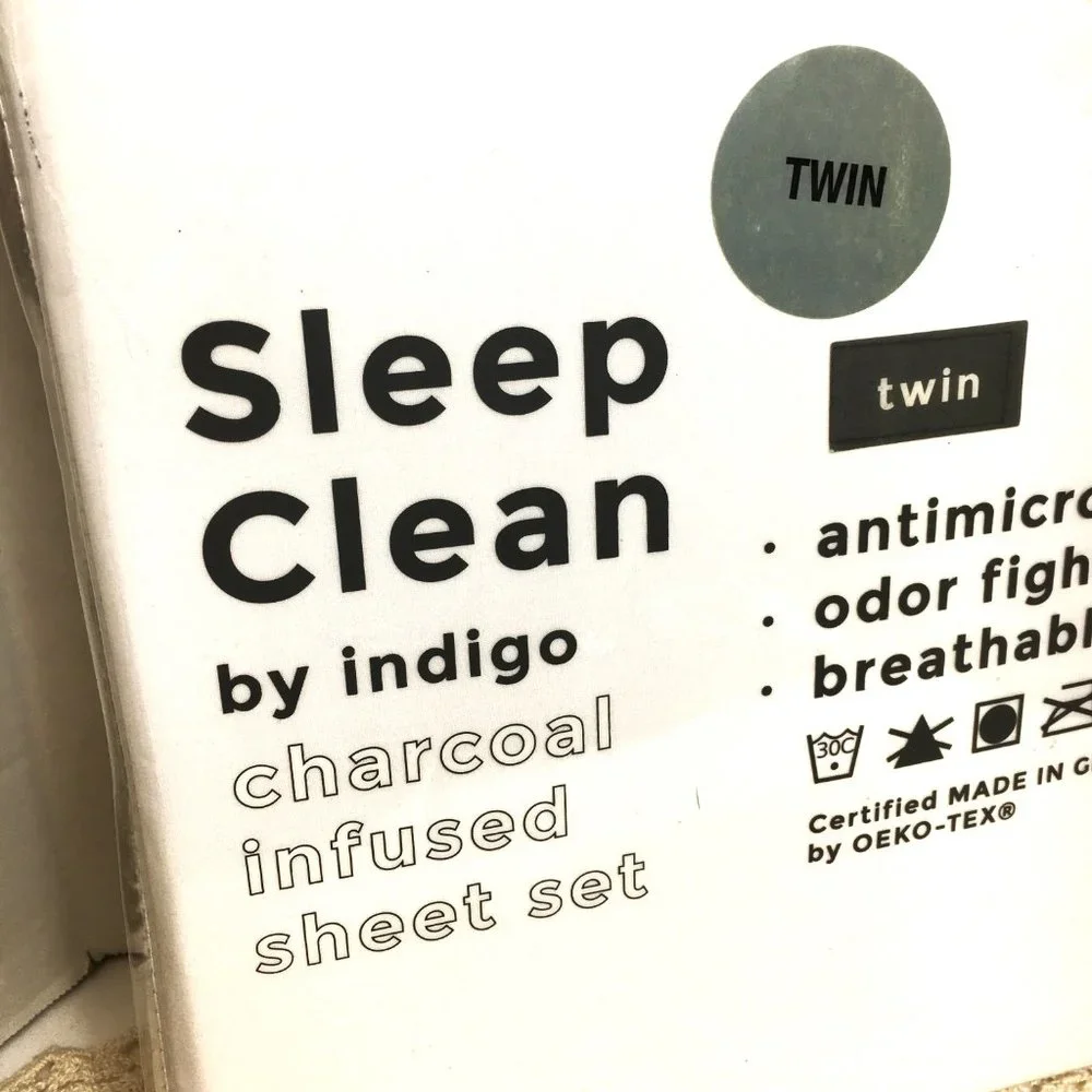 Indigo 3 pc Sheet Set Sleep Clean Twin White Charcoal Infused NWOT